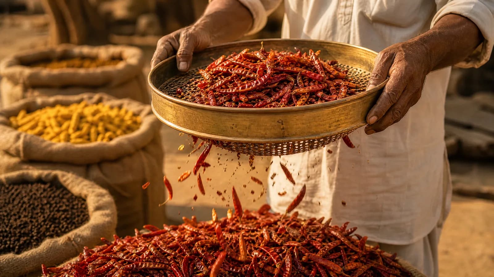 Hands sorting dried red chillies over a brass sieve at the source
